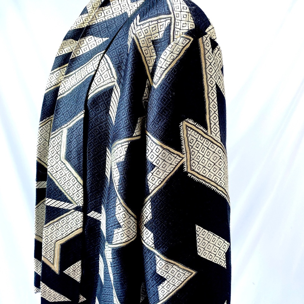 CHICO’s Black and Gold Metallic Geometric Kimono Style Open Coat L - Picture 2 of 10